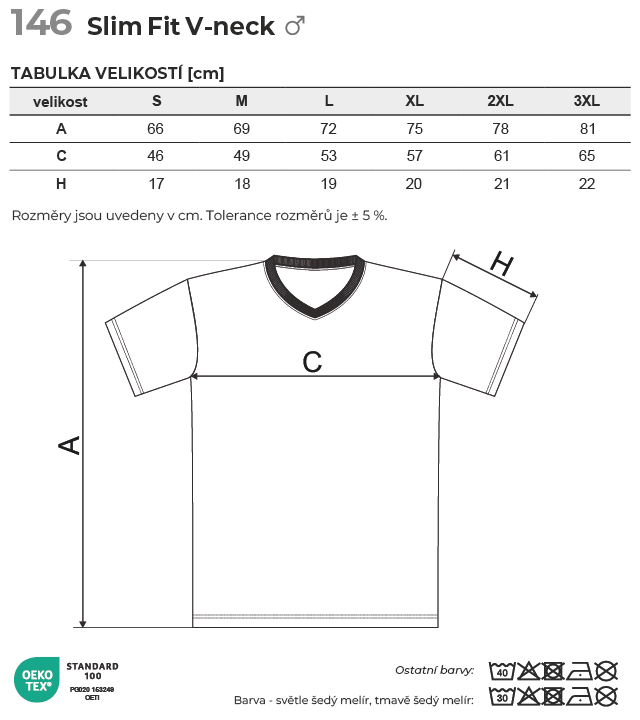 146 Slim Fit V-neck tričko pánské Tabulka velikostí